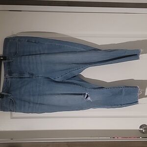 Ava & Viv Womens Plus Size 22W Fringe Hem Whiskered Distressed Crop Blue Jeans